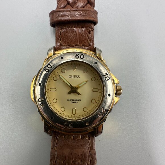 Vintage Guess Diver Watch Women Two Tone Silver Gold Brown Band New Battery 8" - Picture 1 of 13
